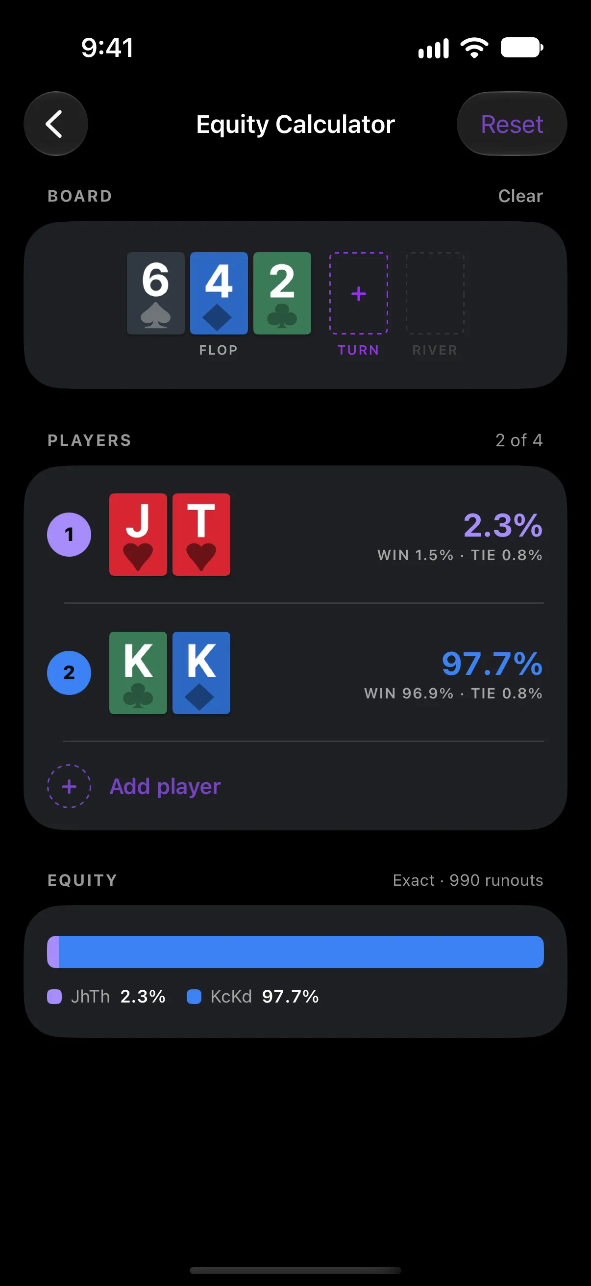 Equity calculator: jack-ten of hearts against kings on a 6-4-2 flop