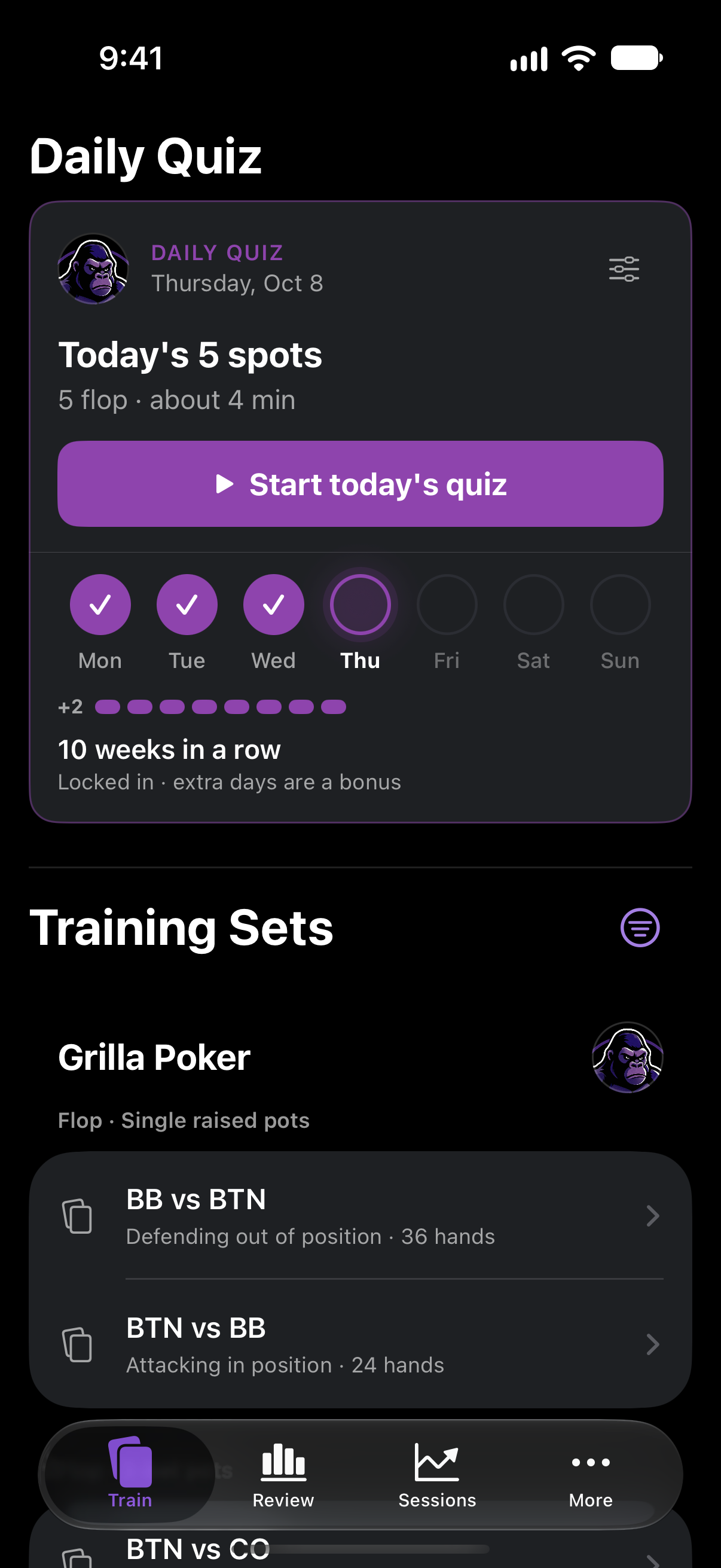 Daily quiz card showing this week's progress